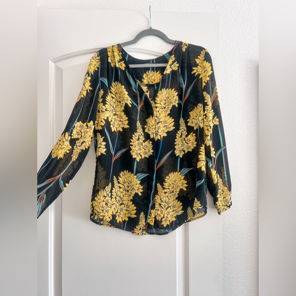 Yellow Floral Long Sleeve Sheer Dress/Work Shirt - Size S